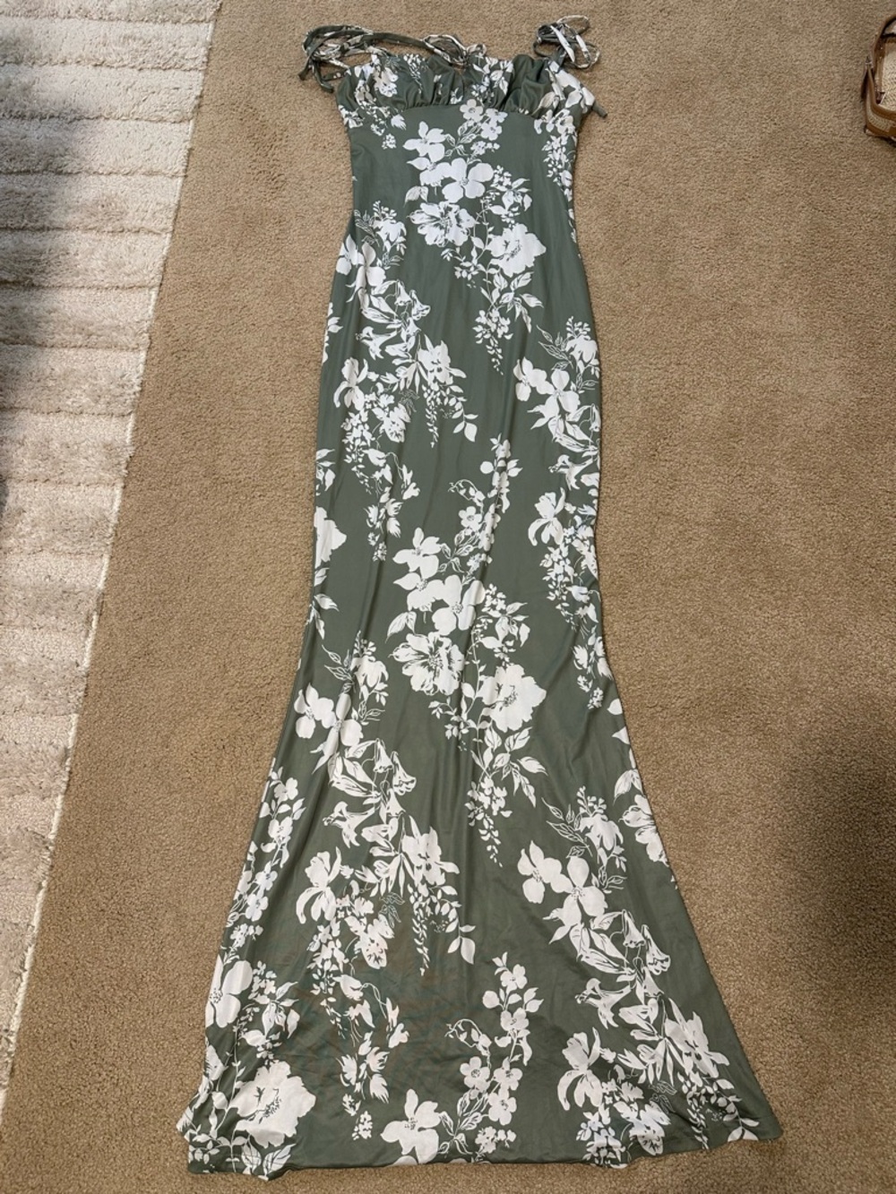 Floral Olive Green Maxi Dress with White Bloom Print